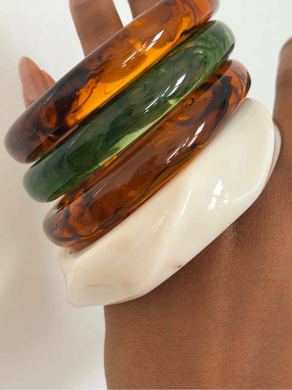 Resin Bangle Stack in Amber, Olive & Cream